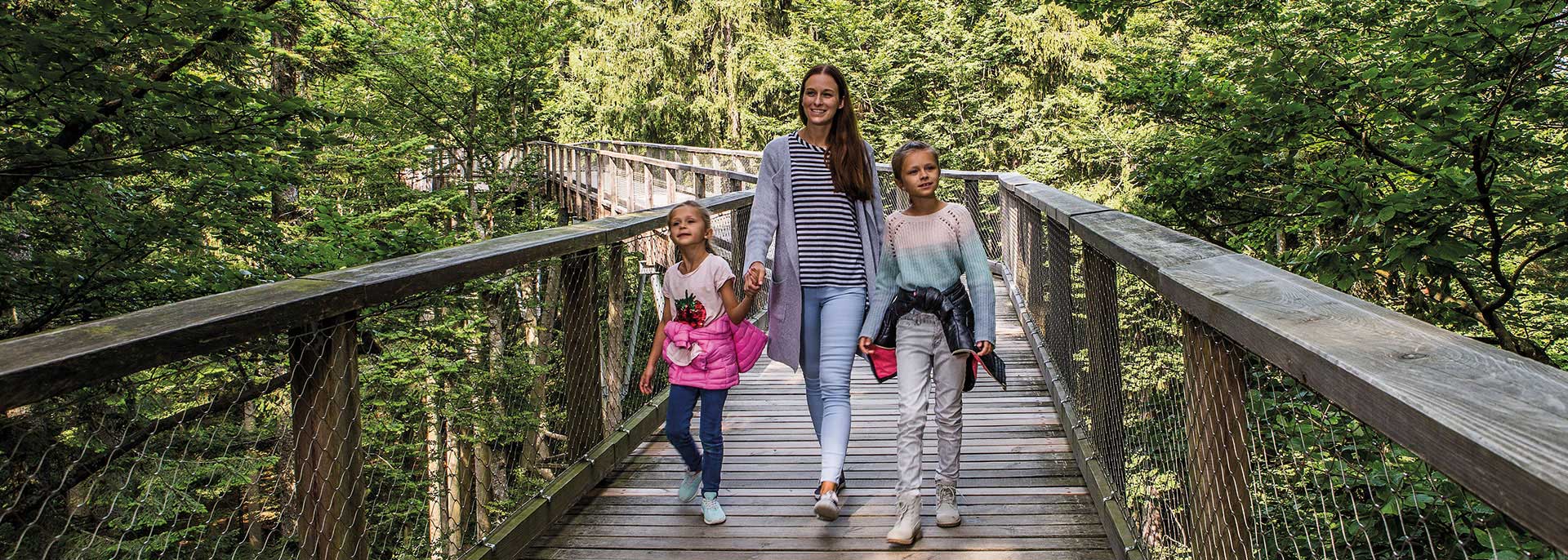Mutter und Kinder laufen über eine Brücke in den Waldwipfel. 